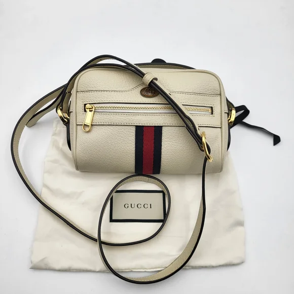 GUCCI Textured Dollar Calfskin Web Mini Ophidia Shoulder Bag Mystic White. Auth. - Picture 1 of 16